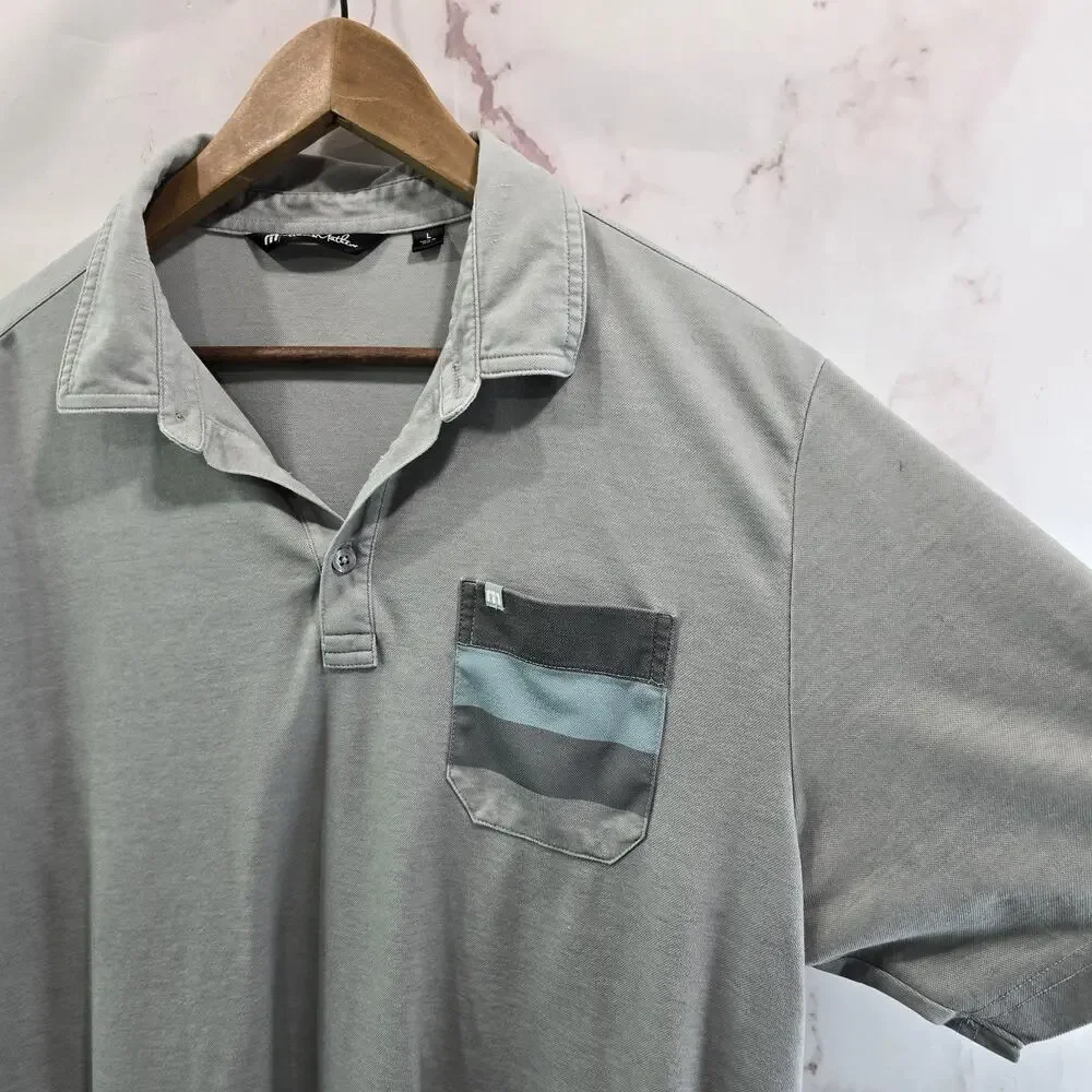 Travis Mathew Shirt Mens Large Gray Polo Blue Pocket Stripe Short Sleeve